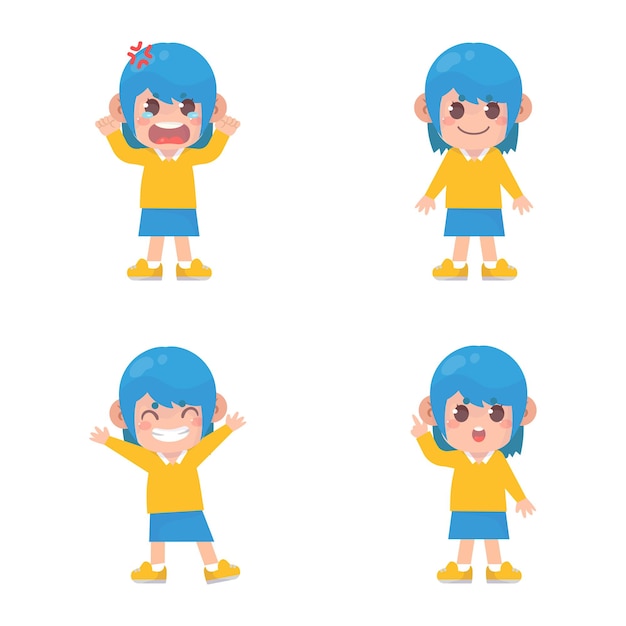 多くのジェスチャー表現を持つ幸せな子供かわいい女の子のキャラクターのセット