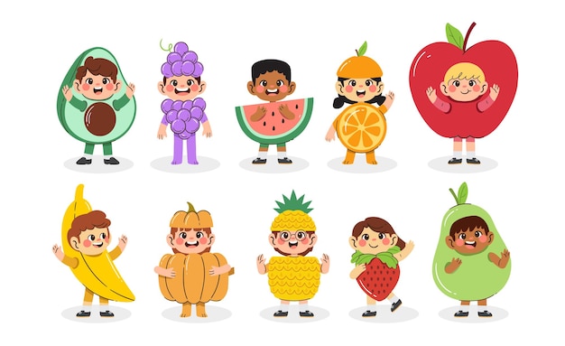 Vector set of happy kids fruit character vector collection illustration of character poses using the fruit