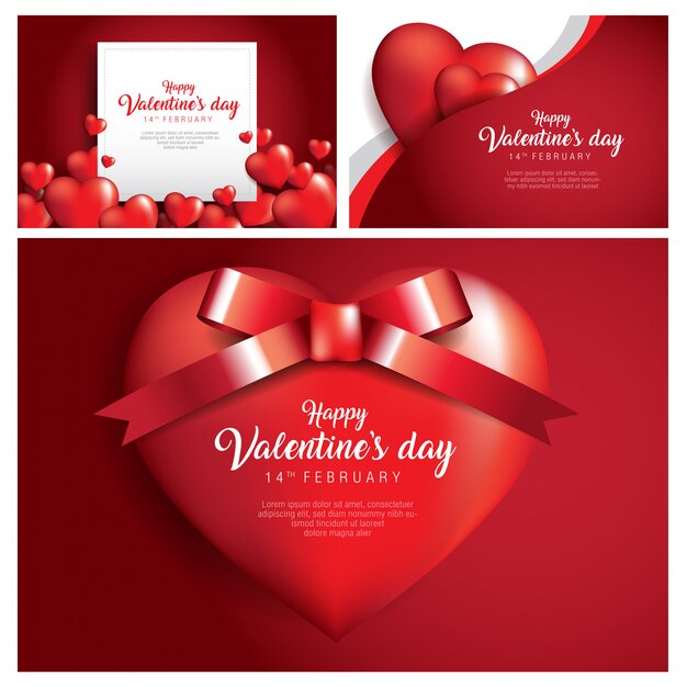 Set of happy love valentine card and red heart shape