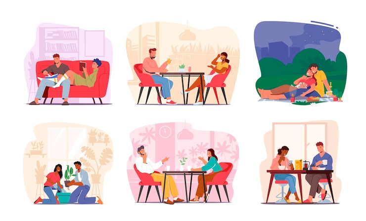 Vector set happy loving couple characters relations and sparetime young man and woman reading books dining romantic date