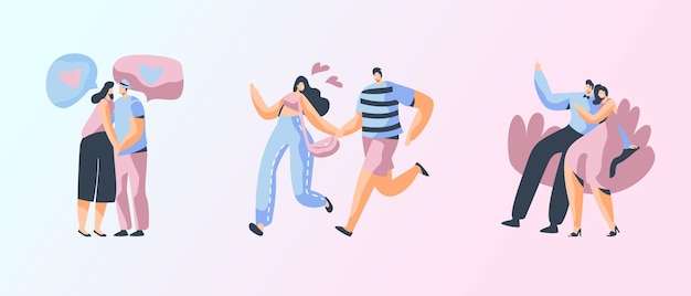 Set of happy loving couples sparetime. cheerful man and woman characters spend time together hugging having fun rejoice dating. love and human relations, togetherness cartoon flat vector illustration