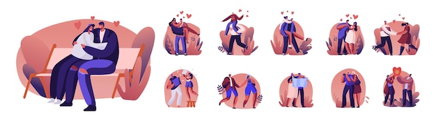 Set of Happy Loving Couples Sparetime. Cheerful Men Hold Women on Hands. Characters Spend Time Together and Rejoice with Hearts around. Love Relation, Togetherness. Cartoon People Vector Illustration