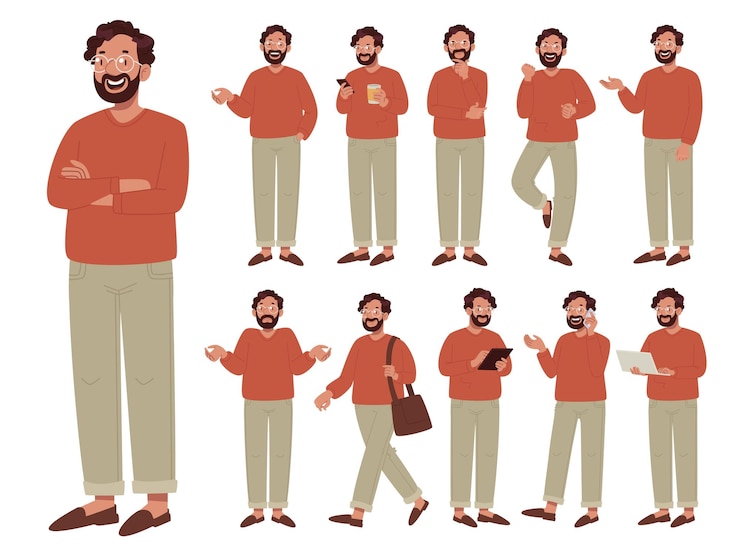 Vector set of happy male character different poses on white background man with glasses_ai_generated