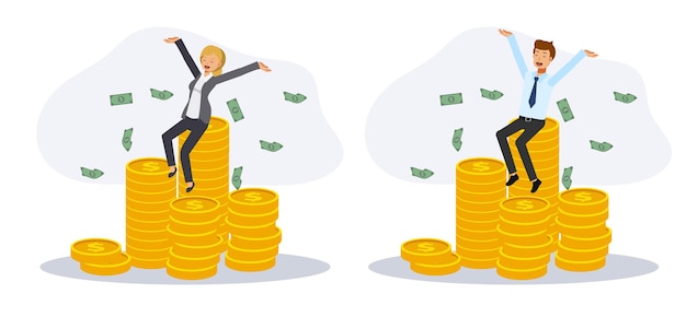 Set of happy man and woman is sitting on the stack of coins surrounding by banknote. rich concept, win the prize. Flat vector cartoon character illustration.