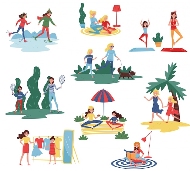 Vector set of happy mothers with daughters in different actions. moms spending time with their kids at home and outdoor