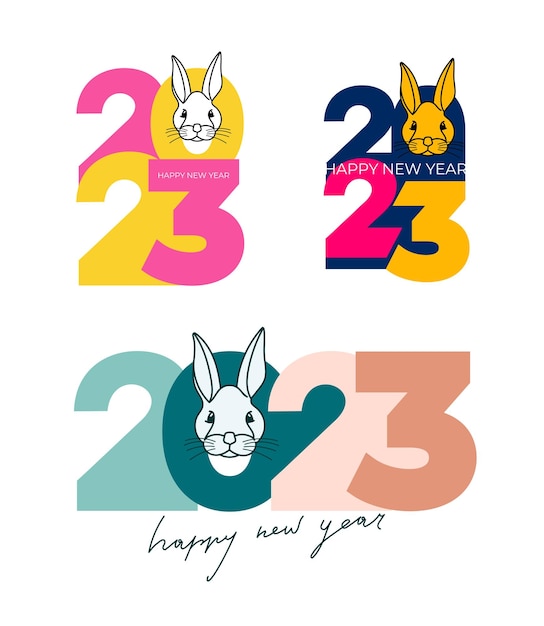 明けましておめでとうございます2023年旧正月2023年あなたのデザインのクリスマスシンボルラベル付きのベクトルイラストウサギの年中国の伝統的な