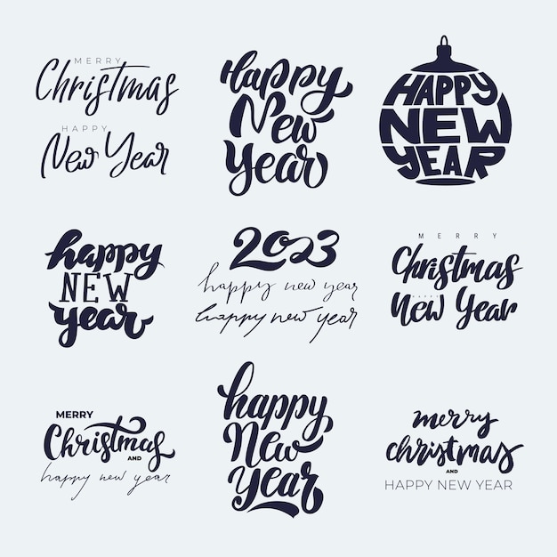 Vettore set di scritte a mano happy new year congratularsi con il logo 2023 disegnato a mano per il calendario delle cartoline