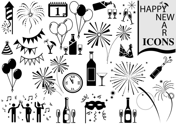 Vector set of happy new year icons isolated on white background