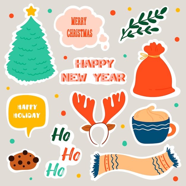 Set of happy new year stickers in cartoon style. christmas illustration