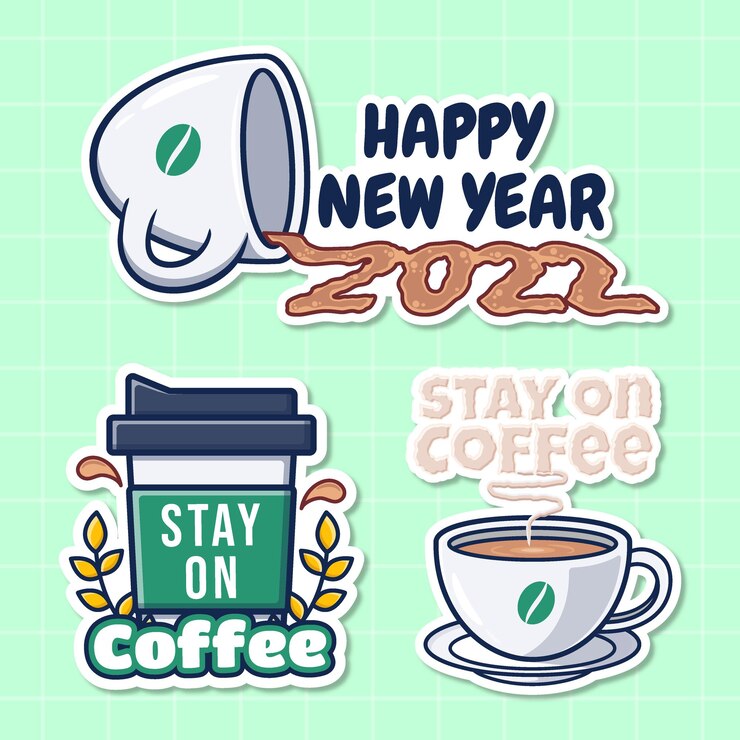 Vector set of happy new year stickers with coffee concept premium vector