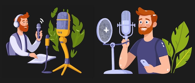 Vector set of happy people connected iconic expression illustration of a broadcast or podcaster