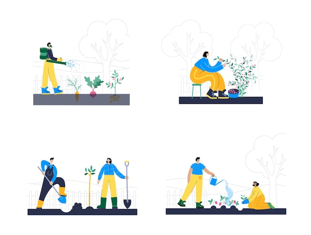 Vector set of happy people who plant plants and watering with a shovel and sprays fertilizer