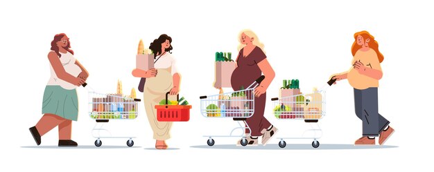 Vector set happy pregnant women future moms pushing shopping carts with groceries pregnancy motherhood expectation concept