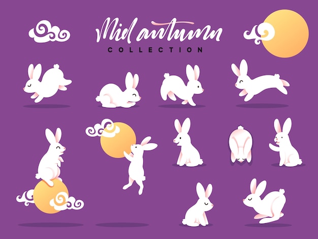 Set of happy rabbit. Mid-Autumn festival. Collection funny bunny. Flat bunny moon