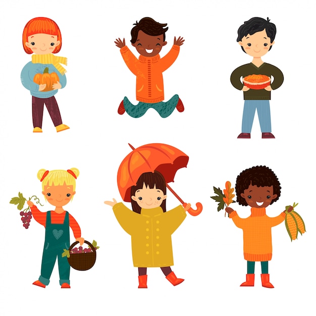 Vector set of happy smiling children of diverse ethnicities and genders in autumn