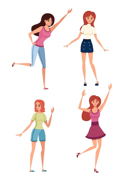 Vector set of happy woman in casual clothes with up raised arms cartoon vector illustration