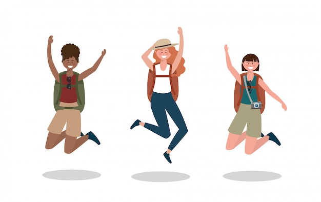 Vector set of happy women jumping with backpack and camera