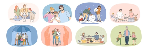 Vector set of happy young family with children everyday routine activity smiling parents with kids daily habits brush teeth cooking and playing together relative bonding and unity vector illustration