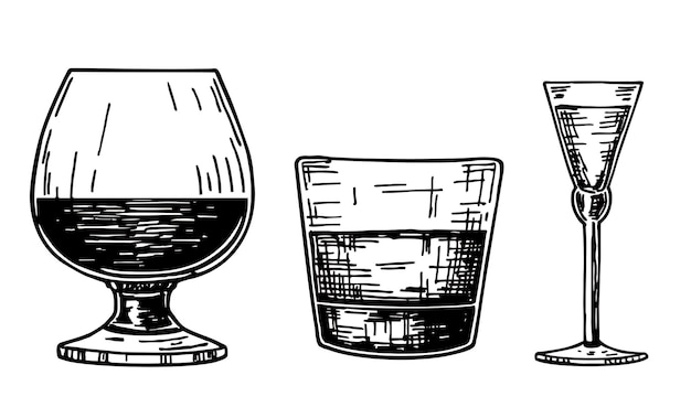 Set of hard strong alcoholic drinks and spirits in glasses in assortment sketch