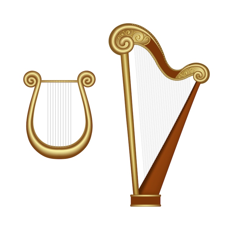 Vector set of harp and lyre isolated on white