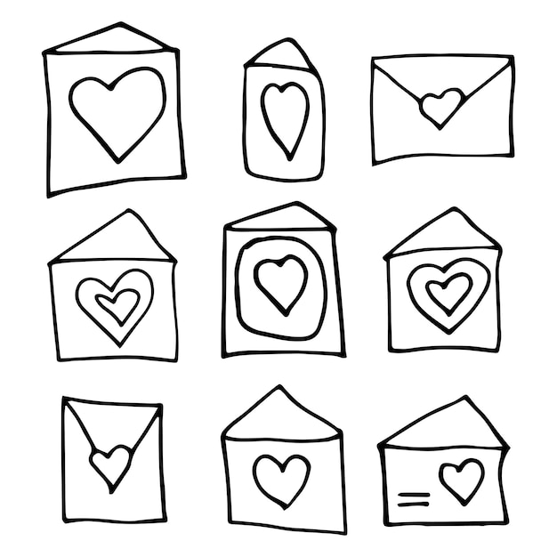 Vector set hart envelop doodle