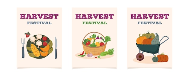 set of harvest festival cards happy harvest posters autumn harvest and thanksgiving concept
