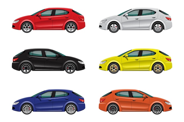 set of hatchback car in various color, isolated on white background.