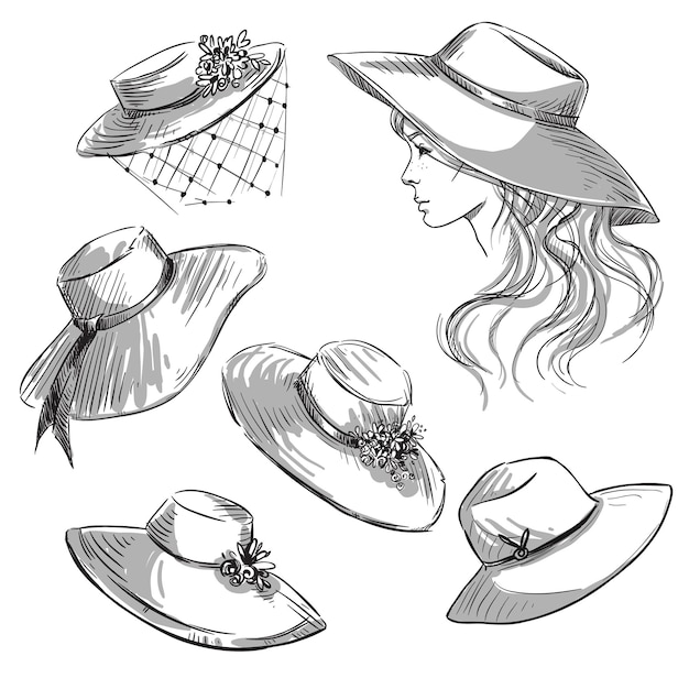 Set di cappelli. ragazza con un cappello. illustrazione della linea di moda.