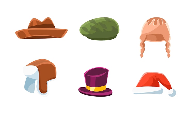 Vector set of hats and headgears male and female headwear classic and modern clothes accessories cartoon vector illustration