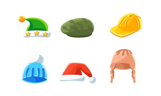 Vector set of hats and headgears male and female headwear classic and modern hats cartoon vector illustration