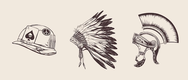 Una serie di copricapi di guerrieri di epoche e paesi diversi in stile drow a mano per la stampa e il designillustrazione vettoriale