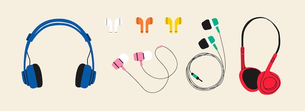 Vector set of headphones audio equipment wired and wireless earphones for music listening airpods earbuds