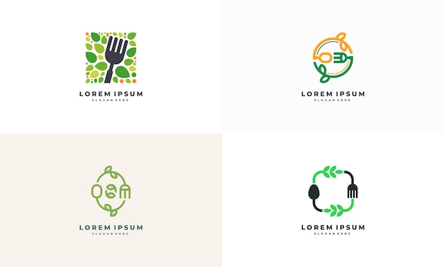 Set di logo per alimenti naturali sani progetta vettore di concetto, simbolo di cibo vegetariano logo creativo