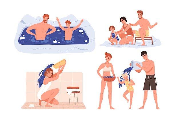 Vector set of healthy people during body hardening procedures. adults and children pouring cold water over head, swimming in ice-hole and rubbing skin with snow. isolated colored flat vector illustrations.