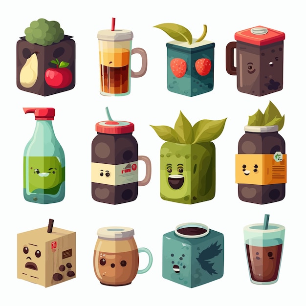Set of Healthy and Unhealthy Drinks Isolated on background Cartoon flat vector illustration
