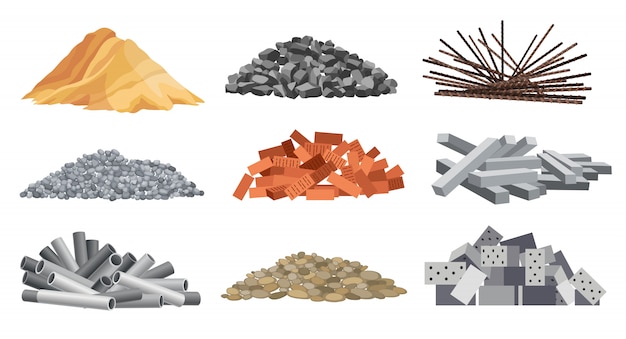 Vector set of heaps building material. bricks, sand, gravel and etc. construction concept. illustrations can be used for construction sites, works and industry gravel