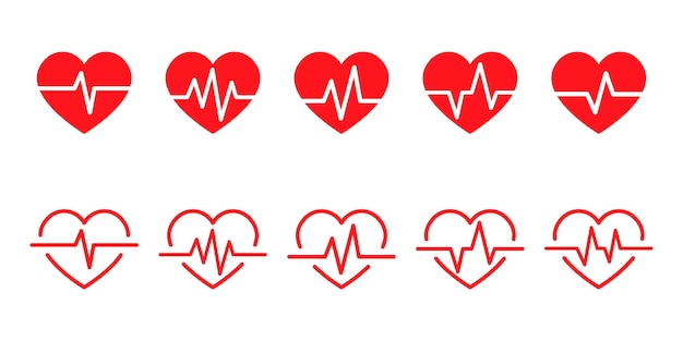 Set of heart beat vector icons. Pulse or rhythm red heart.