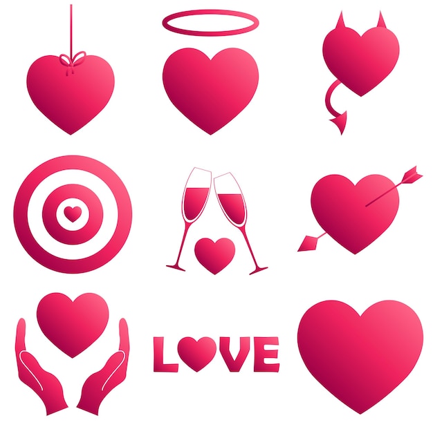 Set of heart icons with gradient pink color for St. Valentines Day. Love concept