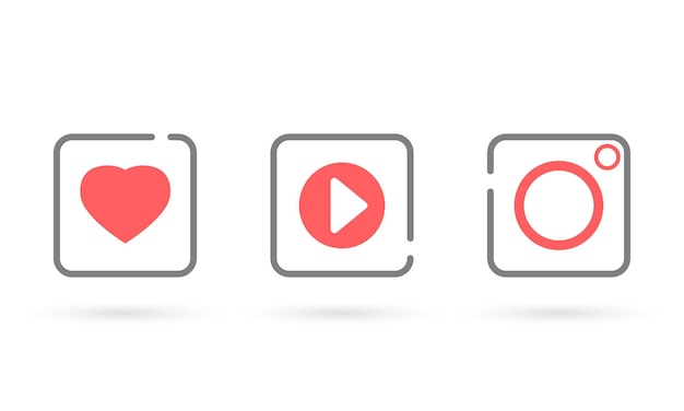 Set of heart, play, camera icon, Social icon