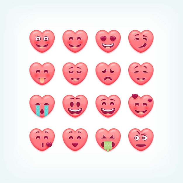 Set di emoticon a forma di cuore. faccine romantiche e di san valentino, emoji.