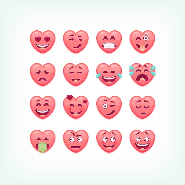 Vettore set di emoticon a forma di cuore. faccine romantiche e di san valentino, emoji.