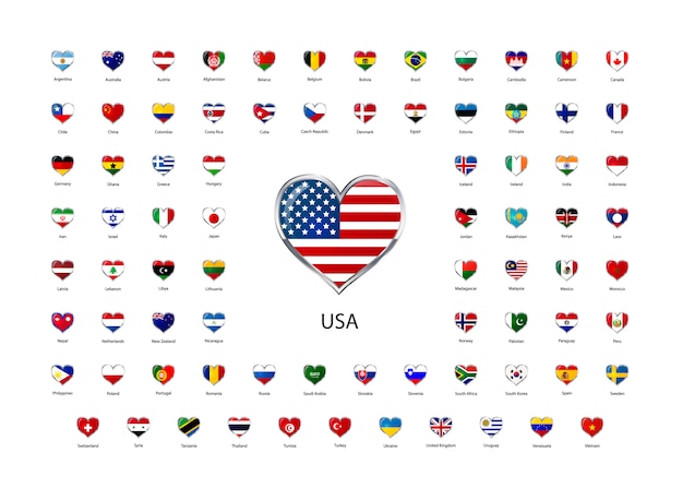 Vector set of heart shaped glossy icons with metallic border of flags of world sovereign states