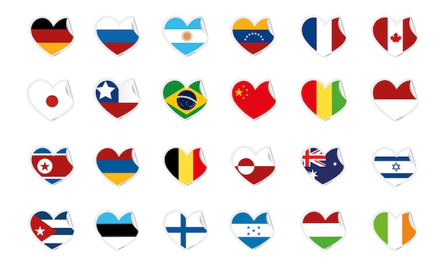 Set of heart shapes with different flags Vector illustration