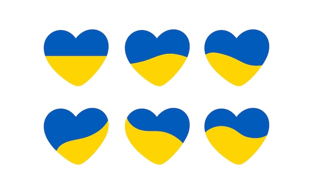 Vector set of heart shapes in yellow and blue colors of ukrainian flag illustration symbolizing assistance to ukraine