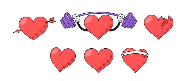 Set di cuori in stile retrò che simboleggiano l'amore, la compassione e le emozioni rotte trafitte con la freccia che tiene il bilanciere indossano la fascia dei cartoni animati cuori isolati su sfondo bianco illustrazione vettoriale