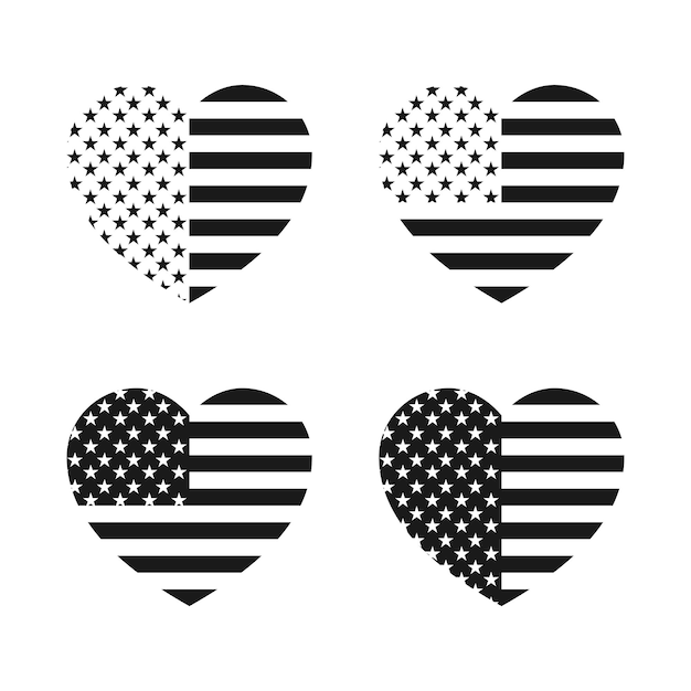 Set of hearts in the shape of the USA flag. Symbolic silhouettes of hearts from stars and stripes.