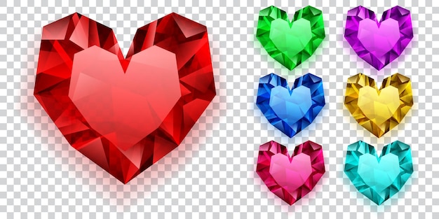 Vector set of hearts in various colors made of crystals