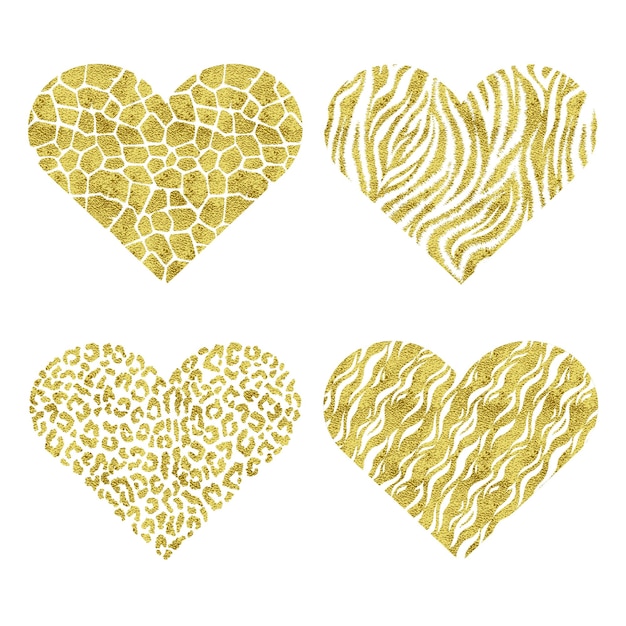 Set of hearts with animal prints. Gold metallic vector illustration