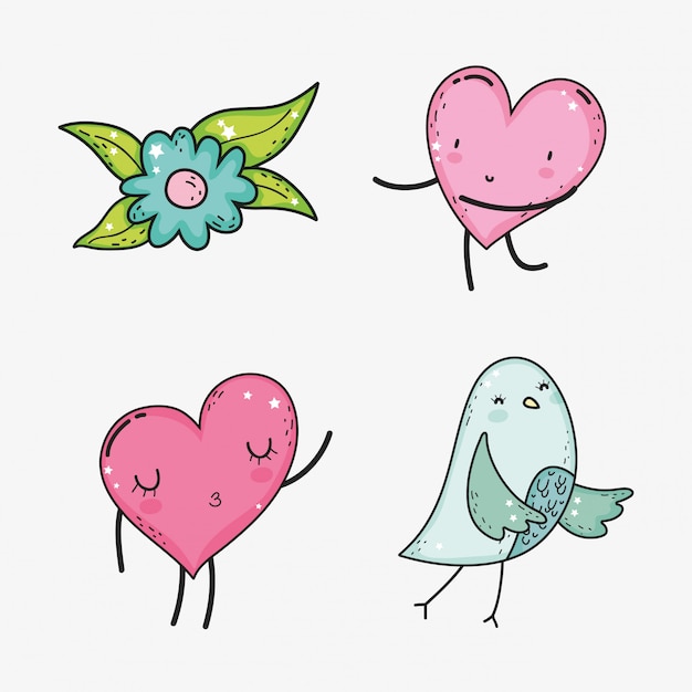 Set hearts with flower and bird to valentines day