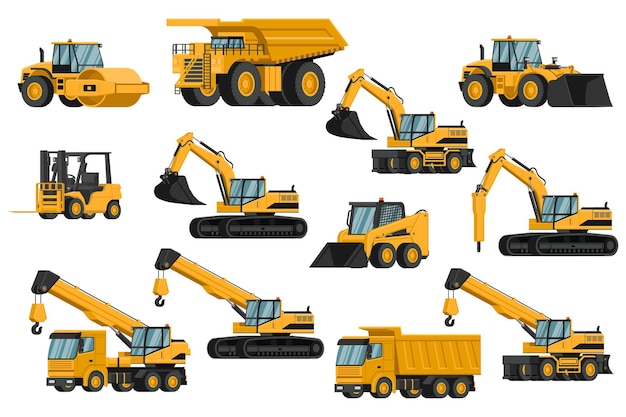 Vector set of heavy machinery 3d, truck, soil compactor, backhoe, excavator, forklift, front loader, crane, hammer, for construction and mining